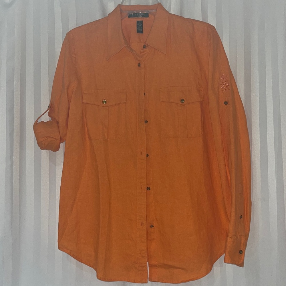 Lauren Ralph Lauren Vibrant Orange Button Down Shirt w/ embroidered insignia
